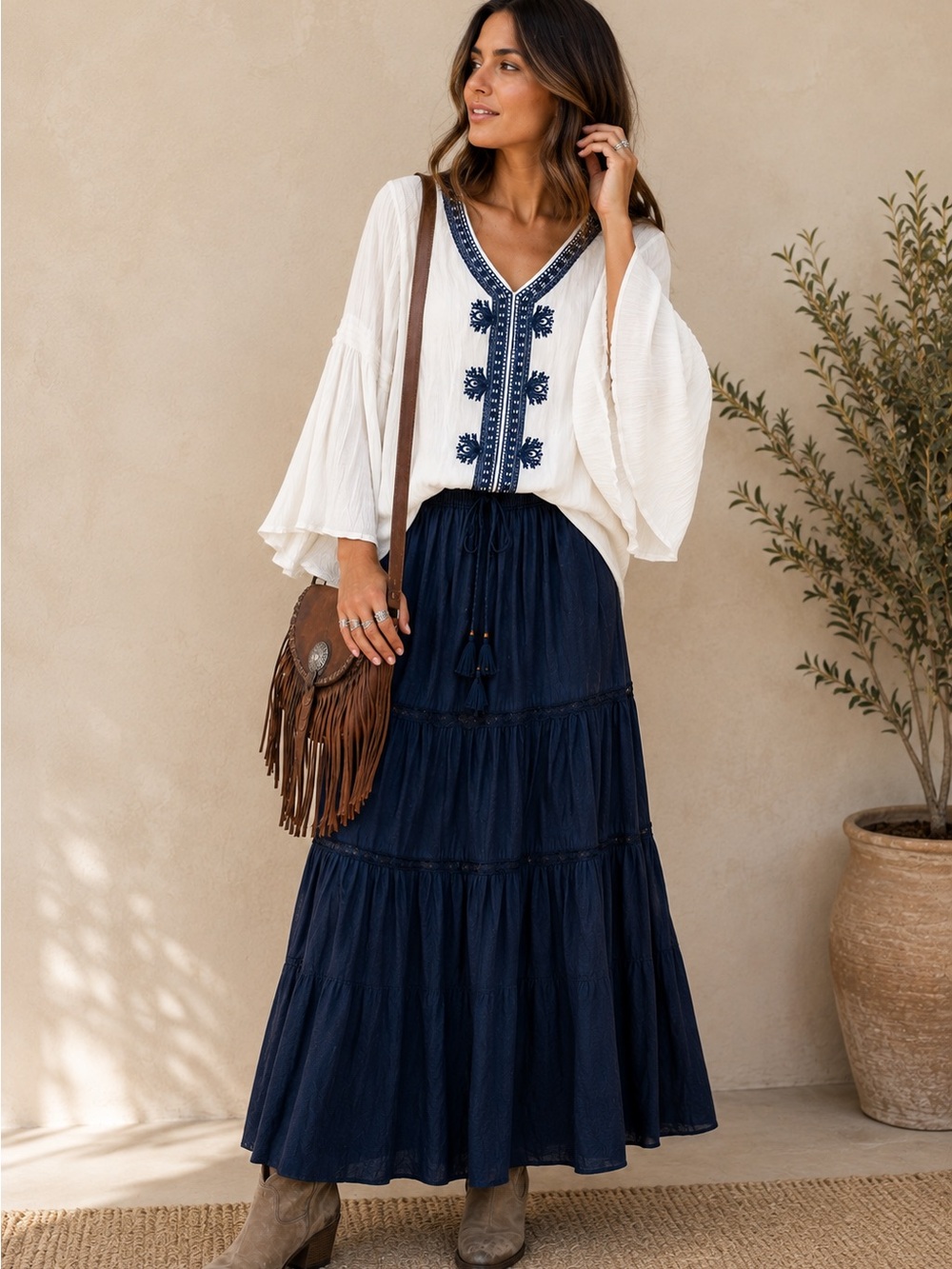 Joan Vass White Gauze Tunic Top Navy Embroidered Bell Sleeve M NWOT